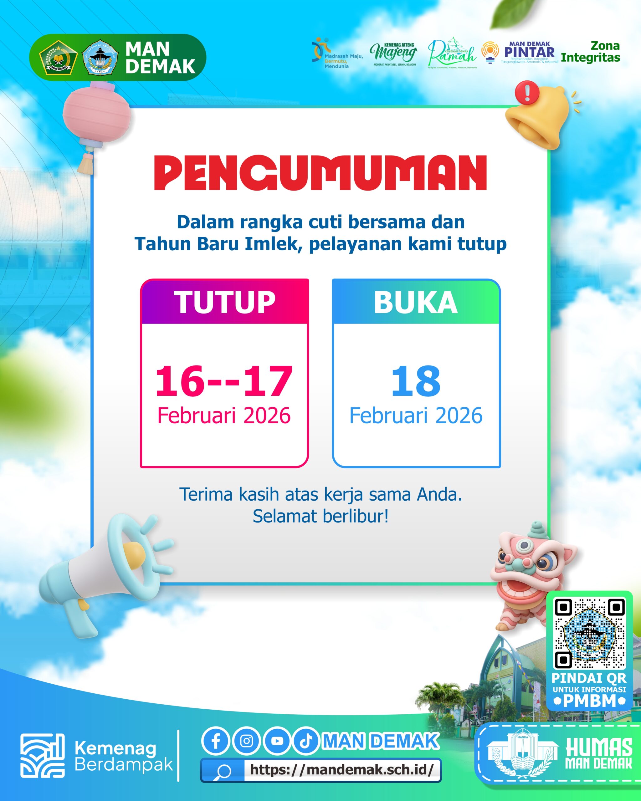 Pelayanan Tutup dalam rangka Memperingati Tahun Baru Imlek dan Cuti Bersama